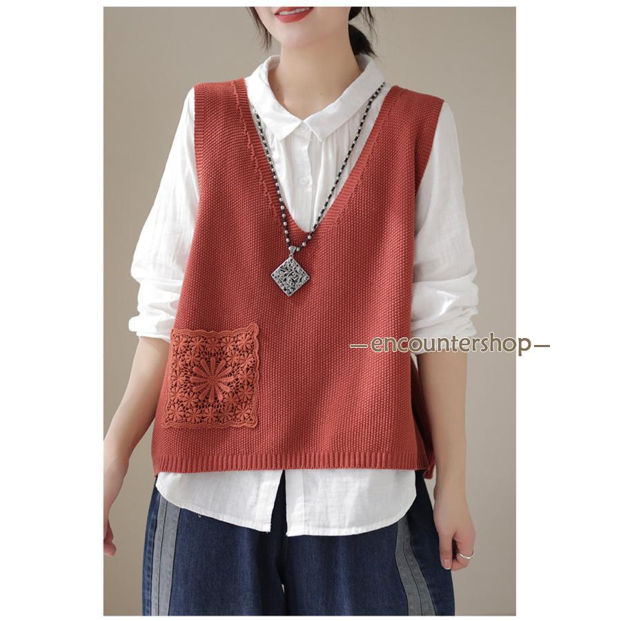 ニットベスト レディース チョッキ トップス ベスト 薄手 ゆったり ノースリーブ ポケット おしゃれ 秋コーデ カジュアル 重ね着 無地 シンプル 