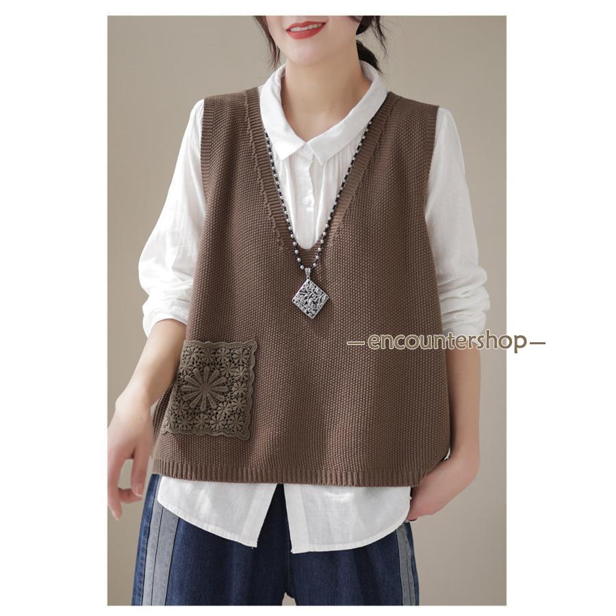 ニットベスト レディース チョッキ トップス ベスト 薄手 ゆったり ノースリーブ ポケット おしゃれ 秋コーデ カジュアル 重ね着 無地 シンプル 