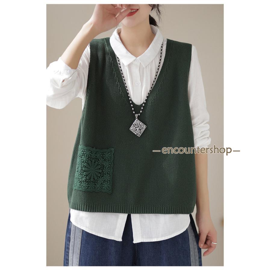 ニットベスト レディース チョッキ トップス ベスト 薄手 ゆったり ノースリーブ ポケット おしゃれ 秋コーデ カジュアル 重ね着 無地 シンプル 