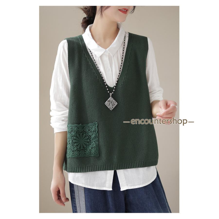 ニットベスト レディース チョッキ トップス ベスト 薄手 ゆったり ノースリーブ ポケット おしゃれ 秋コーデ カジュアル 重ね着 無地 シンプル 