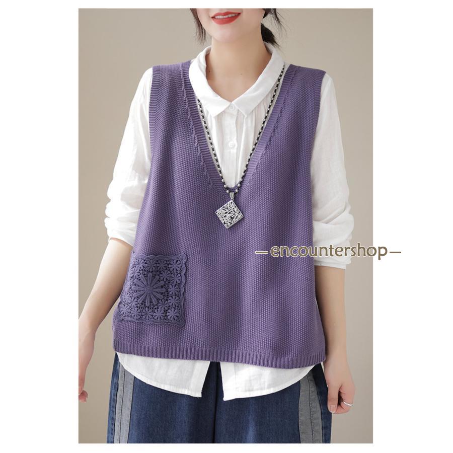 ニットベスト レディース チョッキ トップス ベスト 薄手 ゆったり ノースリーブ ポケット おしゃれ 秋コーデ カジュアル 重ね着 無地 シンプル 