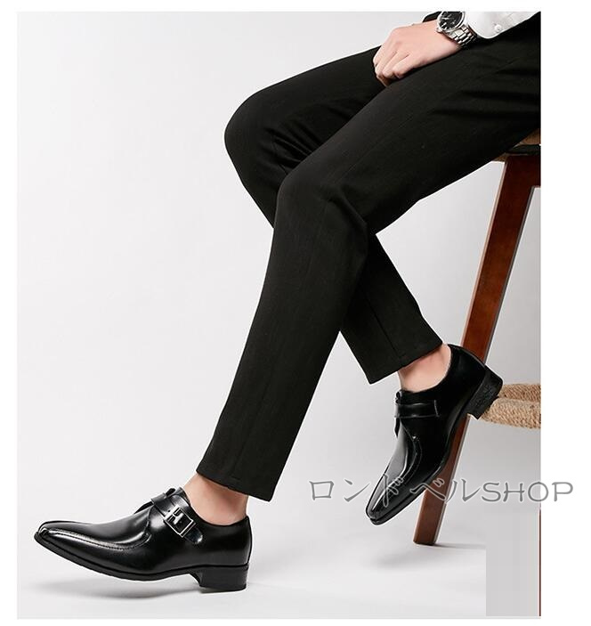 ビジネスメンズ 。 革靴 ストレートチップ 内羽根 幅広 父の日 紐なし 結婚式 身長UP スリッポン ヒール3CM プレゼント 仕事靴 紳士靴 