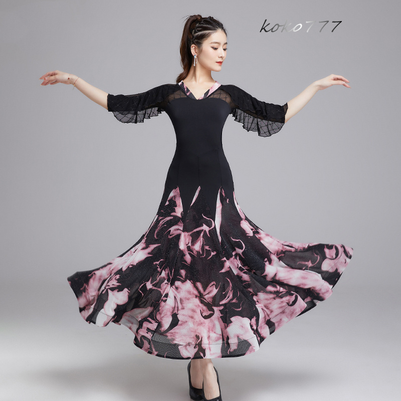 ロングドレス レディース ワンピース ラテンダンス フリル 花柄 社交ダンス ナショナルダンス パーティー 洋服 舞台衣装 モダンダンス 公演 発表会 部活 ワルツ 