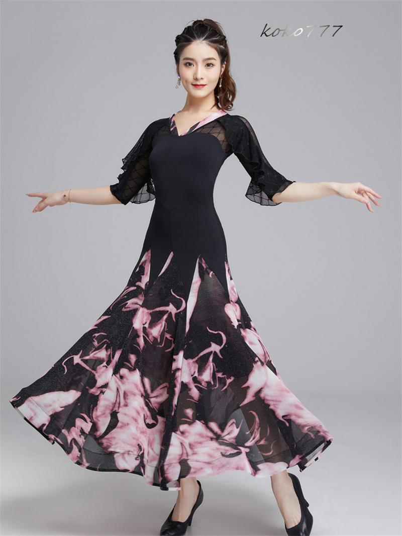ロングドレス レディース ワンピース ラテンダンス フリル 花柄 社交ダンス ナショナルダンス パーティー 洋服 舞台衣装 モダンダンス 公演 発表会 部活 ワルツ 