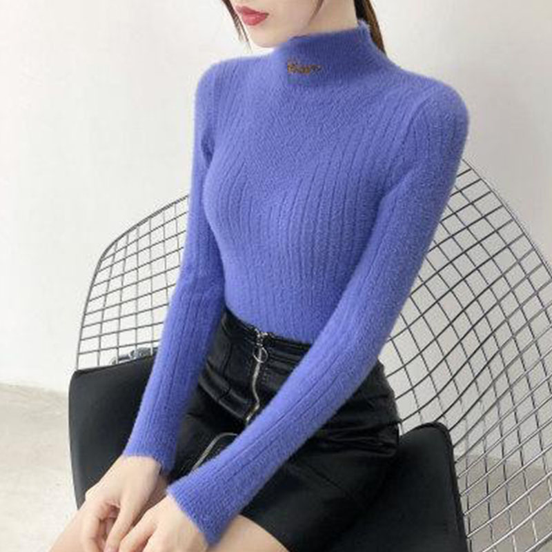 女性の洋風肌にフィットする無地のカラーを厚めにしたハーフハイネックのボトムセーター女性 春と秋冬の ハーフハイネックインナーに 純色  