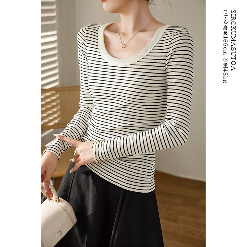 Tシャツ レディース 長袖 カットソー ボーダー Tシャツ 女性用 日常 無地 通勤 シンプル 細身 リブ トップス オシャレ オフィス 普段着 