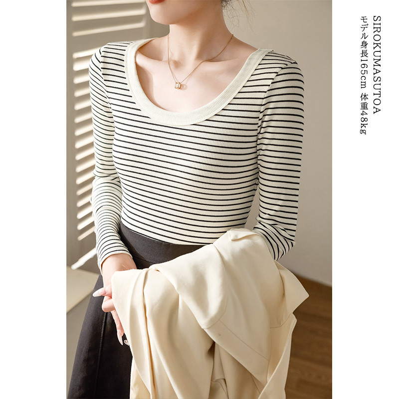 Tシャツ レディース 長袖 カットソー ボーダー Tシャツ 女性用 日常 無地 通勤 シンプル 細身 リブ トップス オシャレ オフィス 普段着 