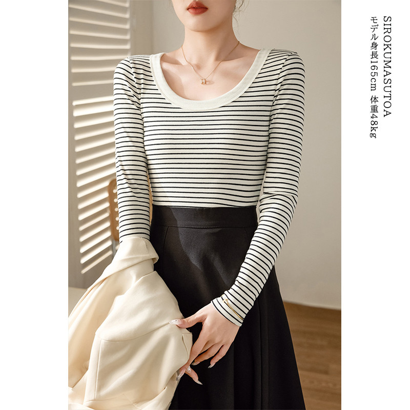 Tシャツ レディース 長袖 カットソー ボーダー Tシャツ 女性用 日常 無地 通勤 シンプル 細身 リブ トップス オシャレ オフィス 普段着 