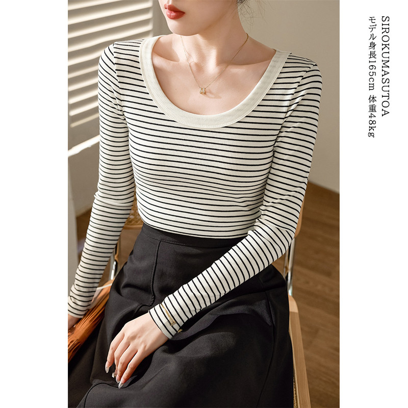 Tシャツ レディース 長袖 カットソー ボーダー Tシャツ 女性用 日常 無地 通勤 シンプル 細身 リブ トップス オシャレ オフィス 普段着 