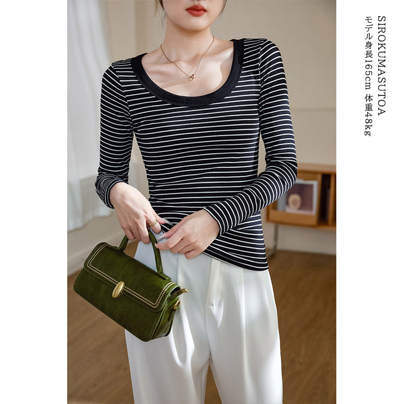 Tシャツ レディース 長袖 カットソー ボーダー Tシャツ 女性用 日常 無地 通勤 シンプル 細身 リブ トップス オシャレ オフィス 普段着 