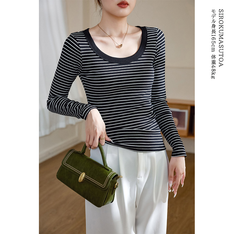 Tシャツ レディース 長袖 カットソー ボーダー Tシャツ 女性用 日常 無地 通勤 シンプル 細身 リブ トップス オシャレ オフィス 普段着 