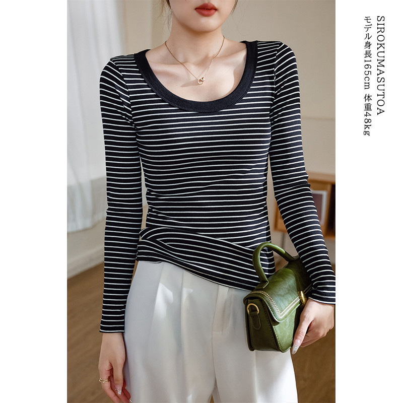 Tシャツ レディース 長袖 カットソー ボーダー Tシャツ 女性用 日常 無地 通勤 シンプル 細身 リブ トップス オシャレ オフィス 普段着 