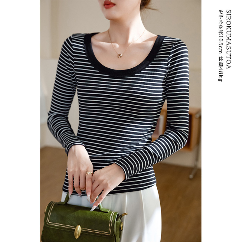 Tシャツ レディース 長袖 カットソー ボーダー Tシャツ 女性用 日常 無地 通勤 シンプル 細身 リブ トップス オシャレ オフィス 普段着 