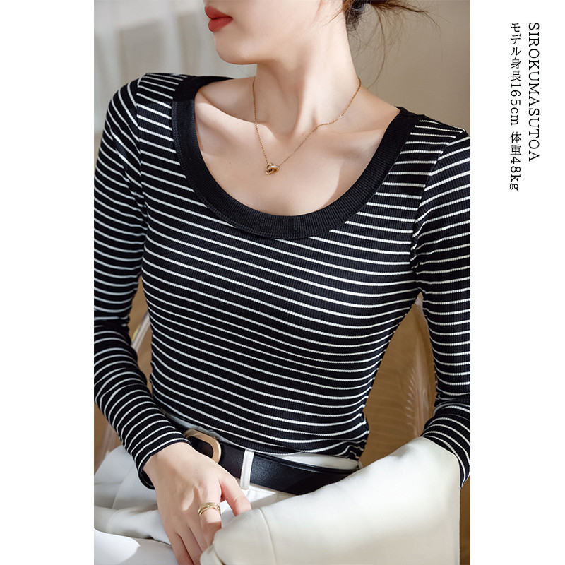 Tシャツ レディース 長袖 カットソー ボーダー Tシャツ 女性用 日常 無地 通勤 シンプル 細身 リブ トップス オシャレ オフィス 普段着 