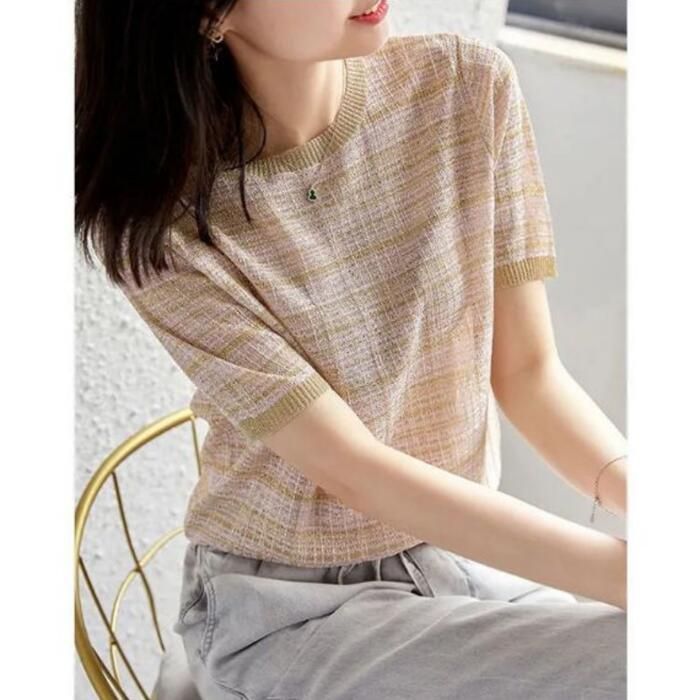 トップス ニット チェック カットソー シルク混 レディース 大人 ナチュラル エレきれいめ フェミニン 可愛い クルーネック おしゃれ カジュアル 半袖 
