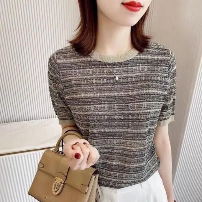 トップス ニット チェック カットソー シルク混 レディース 大人 ナチュラル エレきれいめ フェミニン 可愛い クルーネック おしゃれ カジュアル 半袖 