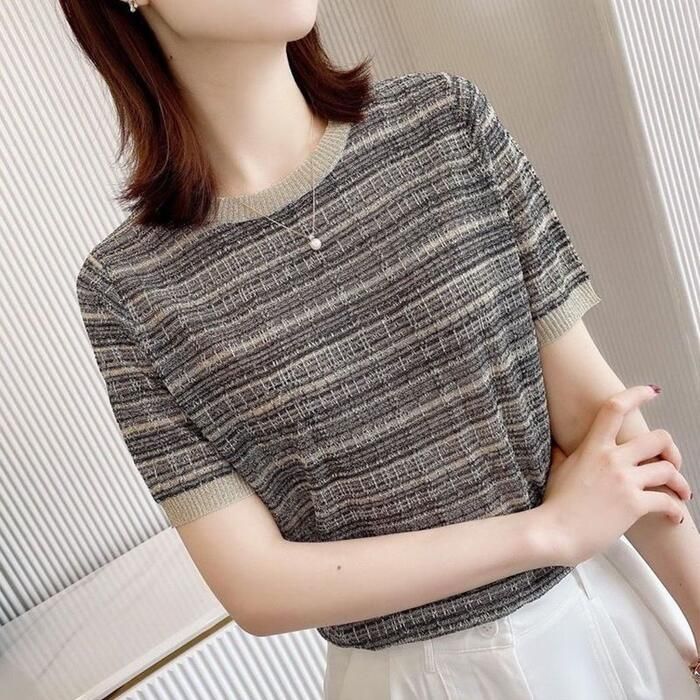 トップス ニット チェック カットソー シルク混 レディース 大人 ナチュラル エレきれいめ フェミニン 可愛い クルーネック おしゃれ カジュアル 半袖 