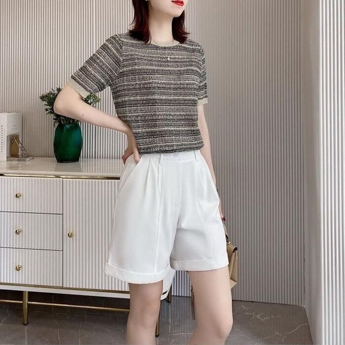 トップス ニット チェック カットソー シルク混 レディース 大人 ナチュラル エレきれいめ フェミニン 可愛い クルーネック おしゃれ カジュアル 半袖 
