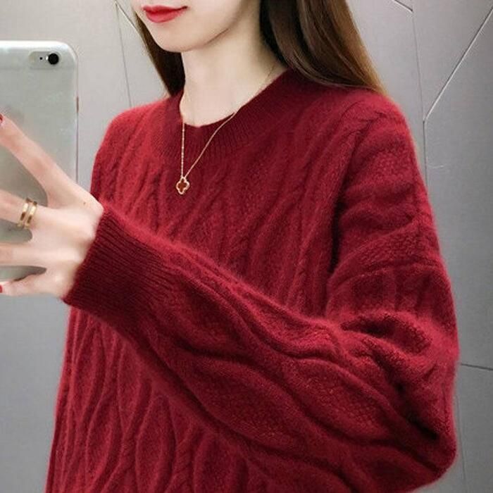 トップス ニット セーター ケーブル レディース きれいめ 体型カバー ゆったり クルーネック 大人 おしゃれ ブル 長袖 シンプル カジュアル 可愛い フェミニン 