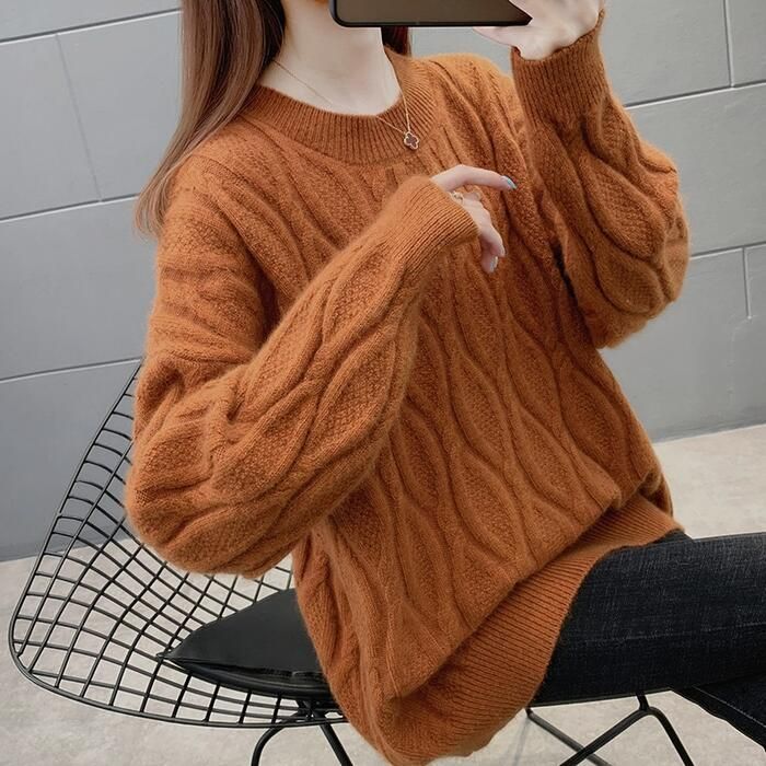 トップス ニット セーター ケーブル レディース きれいめ 体型カバー ゆったり クルーネック 大人 おしゃれ ブル 長袖 シンプル カジュアル 可愛い フェミニン 