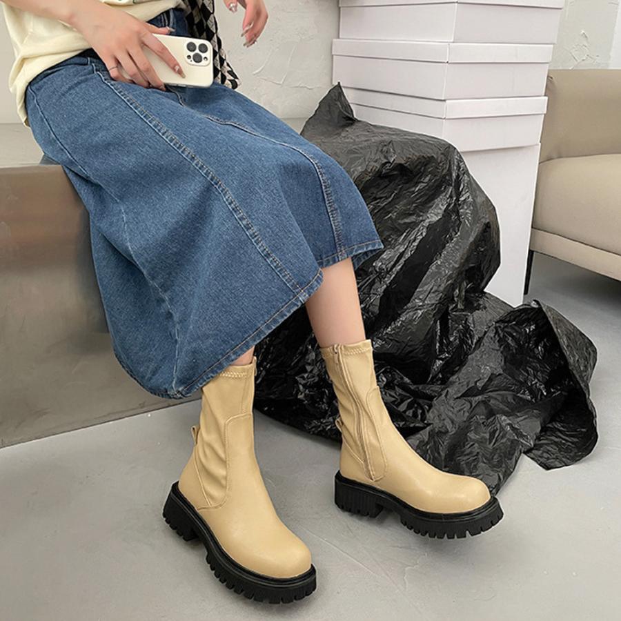 ショットブーツ レディース ローヒール ブーティ リベット付き 履きやすい お洒落 厚底 美脚ブーツ サイドゴアブーツ 