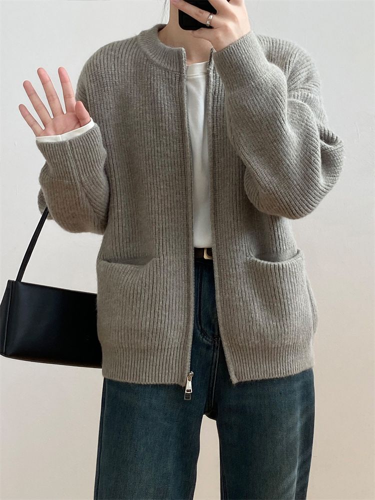 カーディガン レディース 長袖 ニットカーディガン ジッパー 薄手 羽織り シンプル 春 カジュアル おしゃれ 秋 韓国 体型カバー 