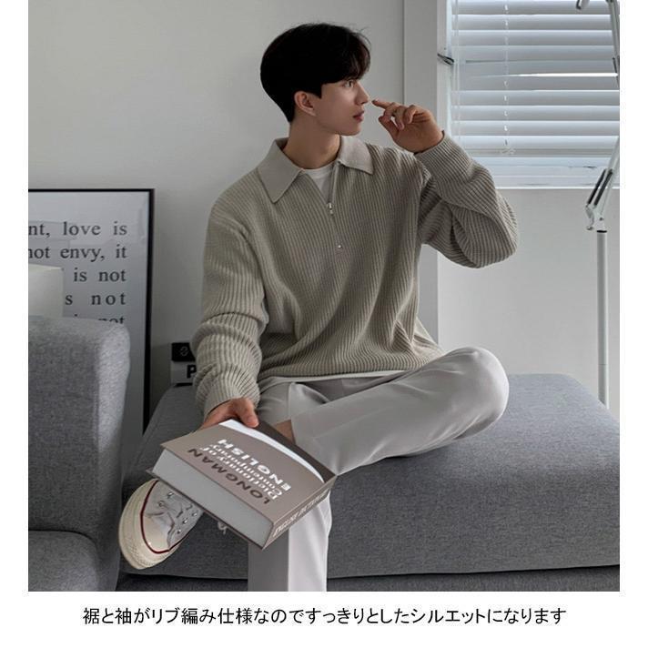 ニットセーター メンズ アウター 無地 折り襟 長袖 春秋 ハーフジップ ゆったり 体型カーバー シンプル リブ編み 伸縮性 柔らかい 