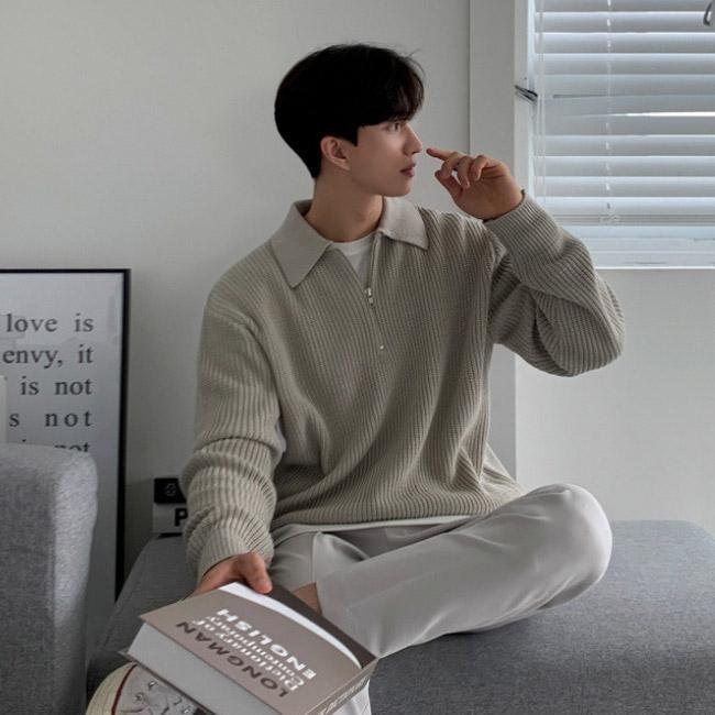 ニットセーター メンズ アウター 無地 折り襟 長袖 春秋 ハーフジップ ゆったり 体型カーバー シンプル リブ編み 伸縮性 柔らかい 