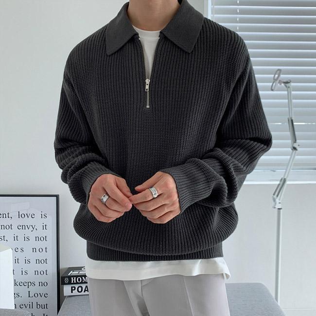 ニットセーター メンズ アウター 無地 折り襟 長袖 春秋 ハーフジップ ゆったり 体型カーバー シンプル リブ編み 伸縮性 柔らかい 
