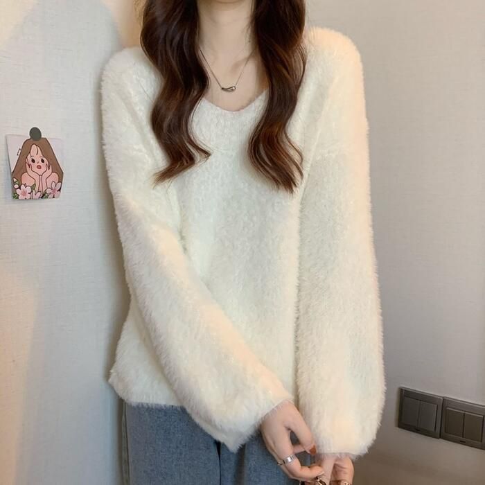 トップス ニット セーター シャギー レディース きれいめ シンプル カジュアル 長袖 可愛い ゆったり 体型カバー Vネック 大人 フェミニン おしゃれ ナチュラル 