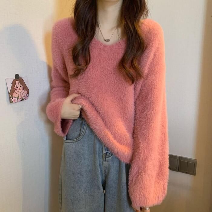 トップス ニット セーター シャギー レディース きれいめ シンプル カジュアル 長袖 可愛い ゆったり 体型カバー Vネック 大人 フェミニン おしゃれ ナチュラル 