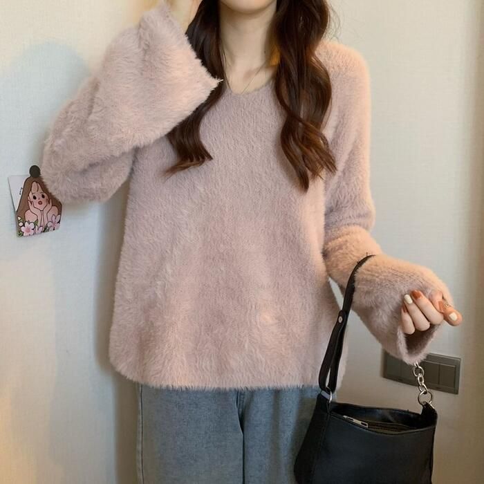 トップス ニット セーター シャギー レディース きれいめ シンプル カジュアル 長袖 可愛い ゆったり 体型カバー Vネック 大人 フェミニン おしゃれ ナチュラル 