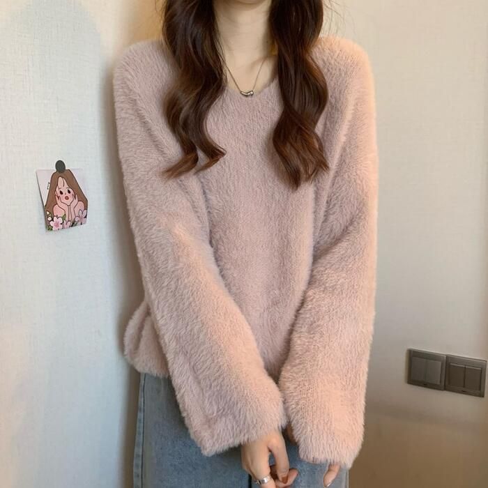 トップス ニット セーター シャギー レディース きれいめ シンプル カジュアル 長袖 可愛い ゆったり 体型カバー Vネック 大人 フェミニン おしゃれ ナチュラル 