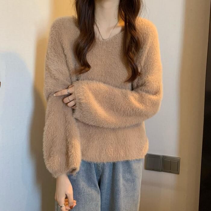 トップス ニット セーター シャギー レディース きれいめ シンプル カジュアル 長袖 可愛い ゆったり 体型カバー Vネック 大人 フェミニン おしゃれ ナチュラル 