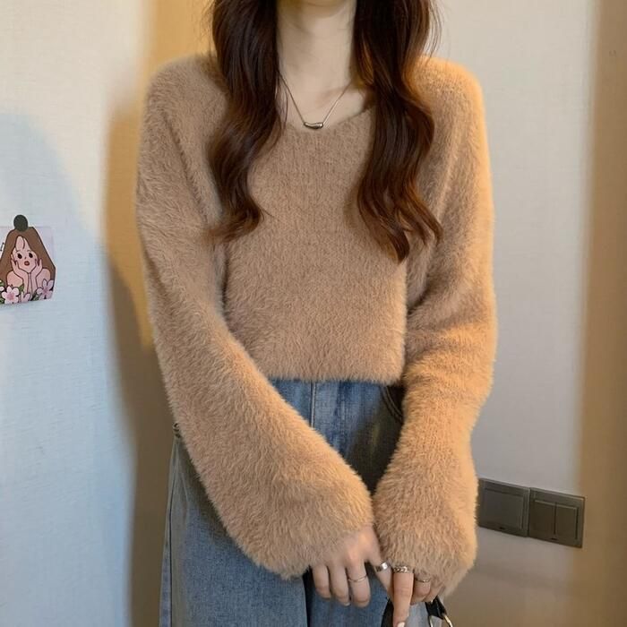 トップス ニット セーター シャギー レディース きれいめ シンプル カジュアル 長袖 可愛い ゆったり 体型カバー Vネック 大人 フェミニン おしゃれ ナチュラル 