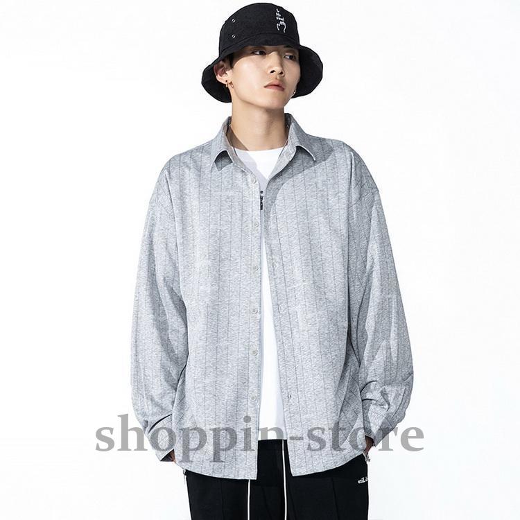 シャツ メンズ ストライプ柄 カジュアルシャツ トップス 長袖 異素材 夏 春 秋 