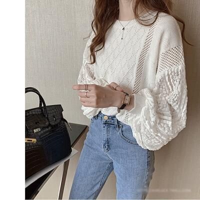 トップス レディース ニット きれいめ レース カジュアル 抜け感 エレシンプル カットソー おしゃれ パフスリーブ 長袖 ナチュラル 可愛い フェミニン 