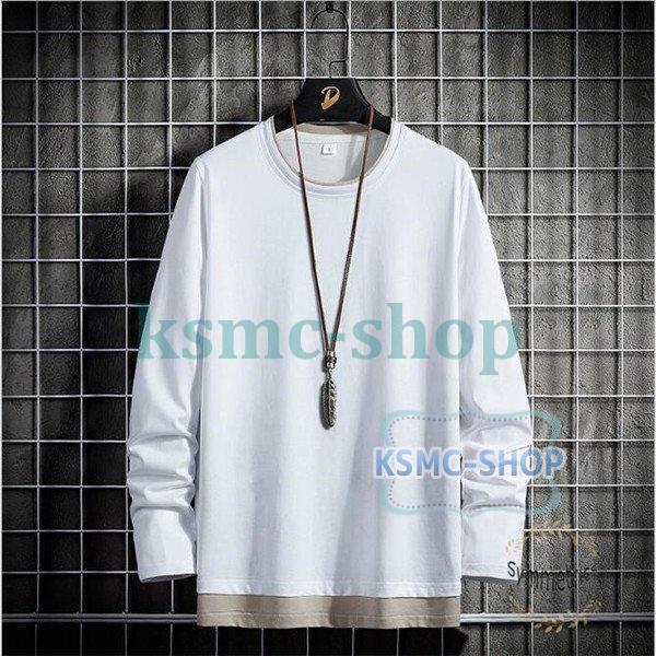 Tシャツ メンズ 重ね着風 長袖 ロンT クルーネック 長袖Tシャツ ティーシャツ ロングTシャツ スリム カジュアル 