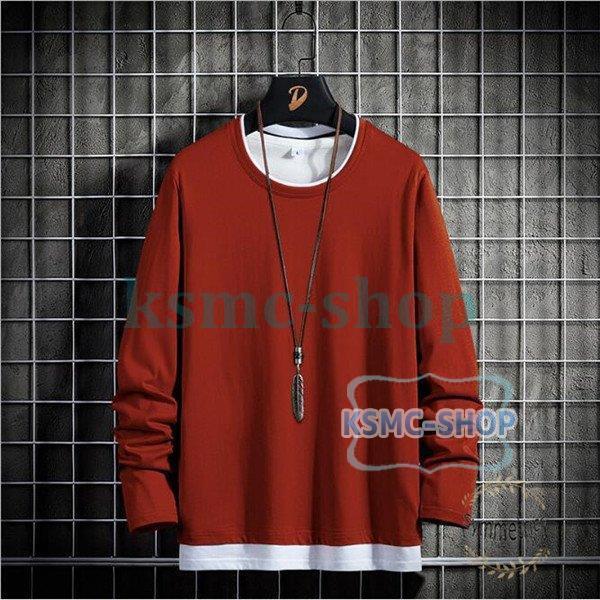 Tシャツ メンズ 重ね着風 長袖 ロンT クルーネック 長袖Tシャツ ティーシャツ ロングTシャツ スリム カジュアル 