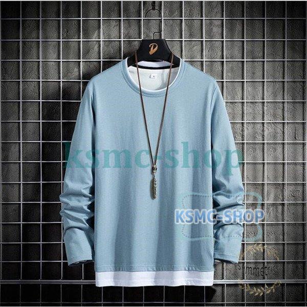 Tシャツ メンズ 重ね着風 長袖 ロンT クルーネック 長袖Tシャツ ティーシャツ ロングTシャツ スリム カジュアル 