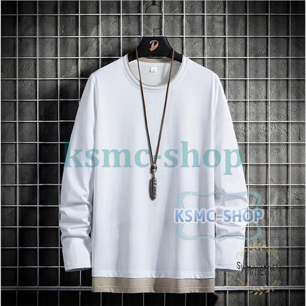 Tシャツ メンズ 重ね着風 長袖 ロンT クルーネック 長袖Tシャツ ティーシャツ ロングTシャツ スリム カジュアル 
