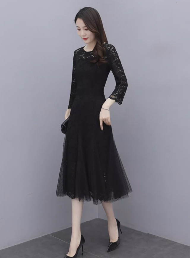 パーティードレス 結婚式 お呼ばれドレス ワンピースドレス Aライン 膝丈 30代 20代 長袖 40代 大きいサイズ 3L 黒 花柄 袖あり 切り替え レース ドレス 