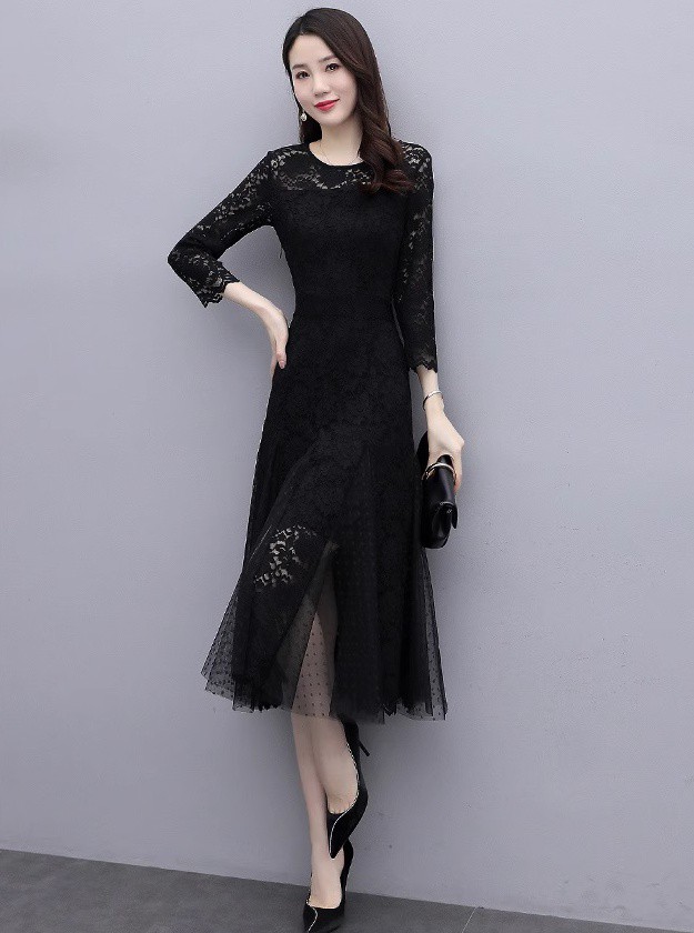パーティードレス 結婚式 お呼ばれドレス ワンピースドレス Aライン 膝丈 30代 20代 長袖 40代 大きいサイズ 3L 黒 花柄 袖あり 切り替え レース ドレス 