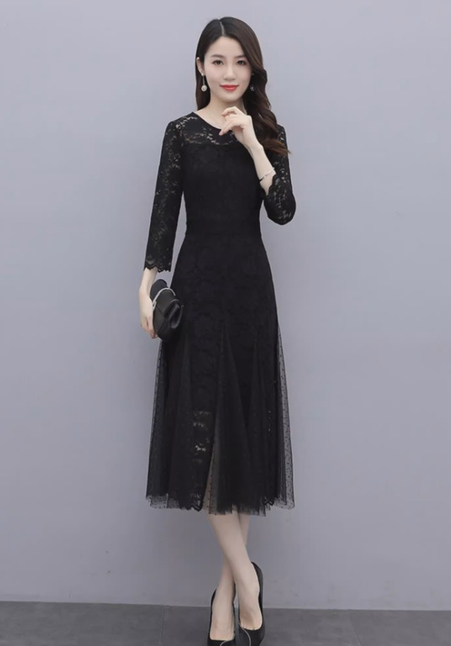 パーティードレス 結婚式 お呼ばれドレス ワンピースドレス Aライン 膝丈 30代 20代 長袖 40代 大きいサイズ 3L 黒 花柄 袖あり 切り替え レース ドレス 