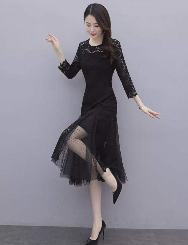 パーティードレス 結婚式 お呼ばれドレス ワンピースドレス Aライン 膝丈 30代 20代 長袖 40代 大きいサイズ 3L 黒 花柄 袖あり 切り替え レース ドレス 