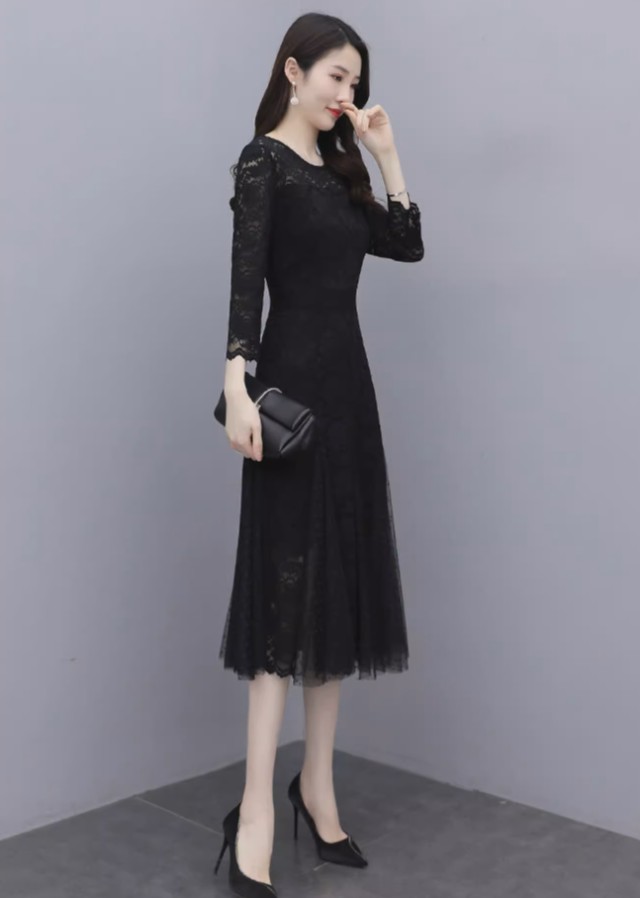 パーティードレス 結婚式 お呼ばれドレス ワンピースドレス Aライン 膝丈 30代 20代 長袖 40代 大きいサイズ 3L 黒 花柄 袖あり 切り替え レース ドレス 