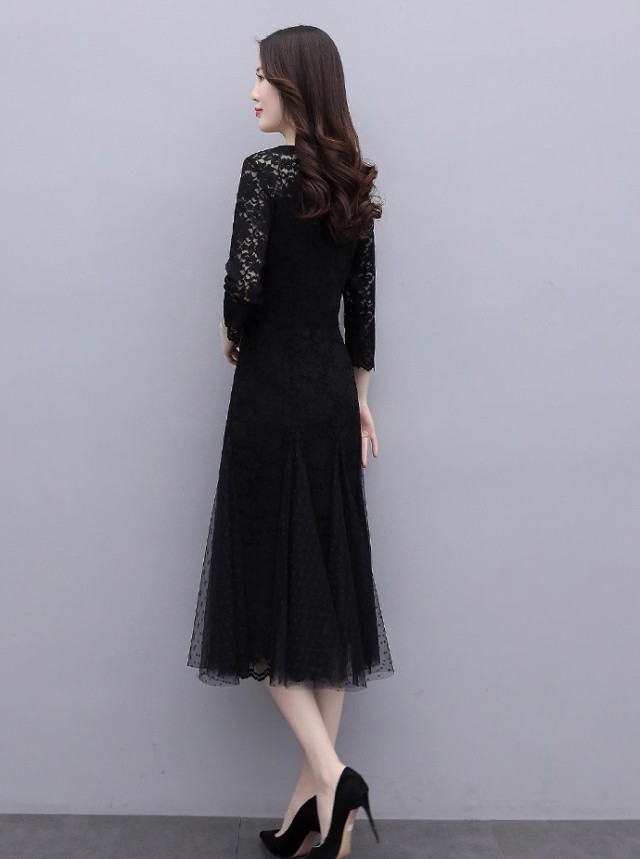 パーティードレス 結婚式 お呼ばれドレス ワンピースドレス Aライン 膝丈 30代 20代 長袖 40代 大きいサイズ 3L 黒 花柄 袖あり 切り替え レース ドレス 