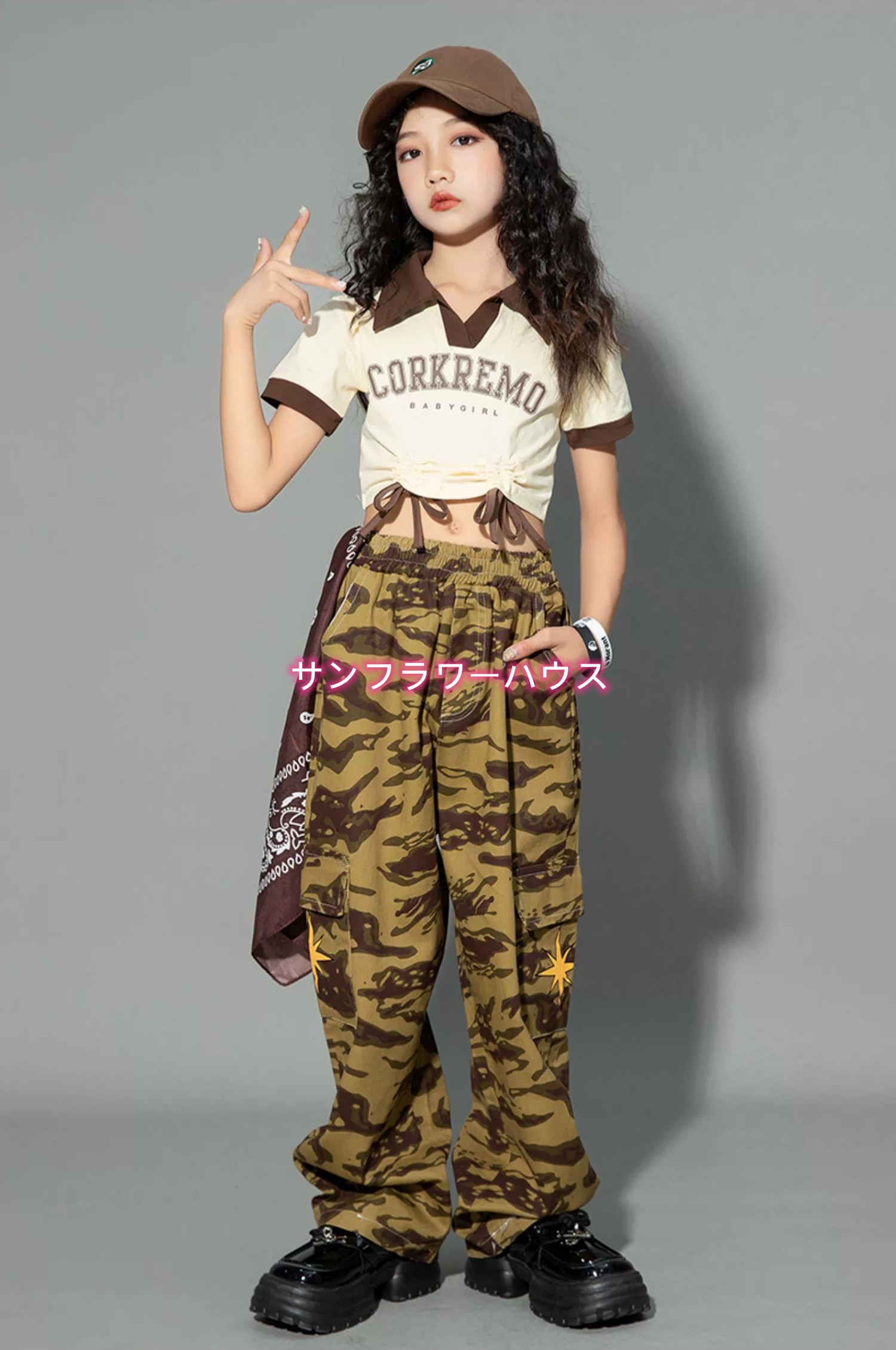 キッズダンス ガールズ 英字柄 子供ダンス衣装 女の子 JAZZ HIPHOP ステージ衣装 イベント 半袖 セットアップ ダンスウェア へそ出し チアガール ジャズ キッズ 