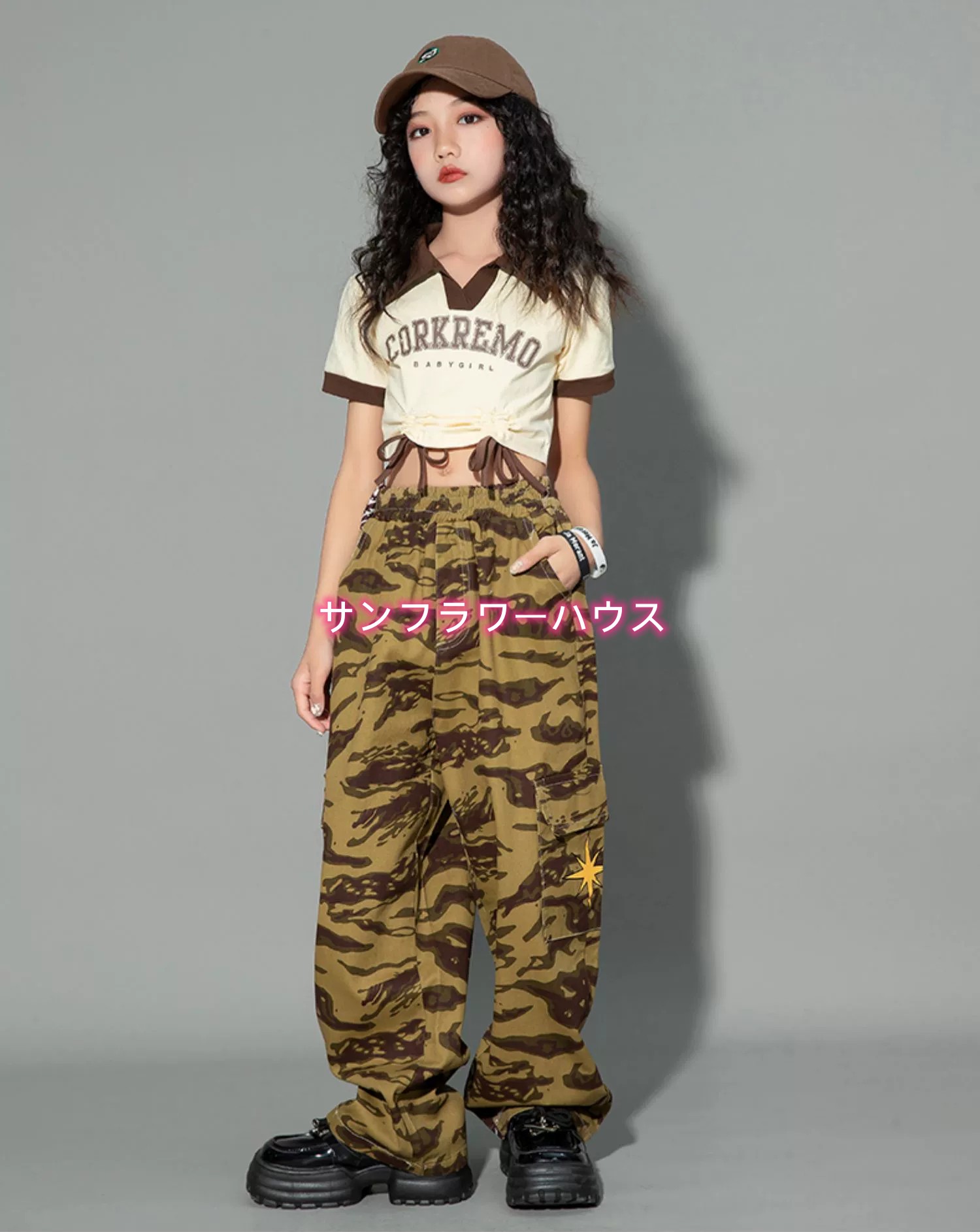 キッズダンス ガールズ 英字柄 子供ダンス衣装 女の子 JAZZ HIPHOP ステージ衣装 イベント 半袖 セットアップ ダンスウェア へそ出し チアガール ジャズ キッズ 