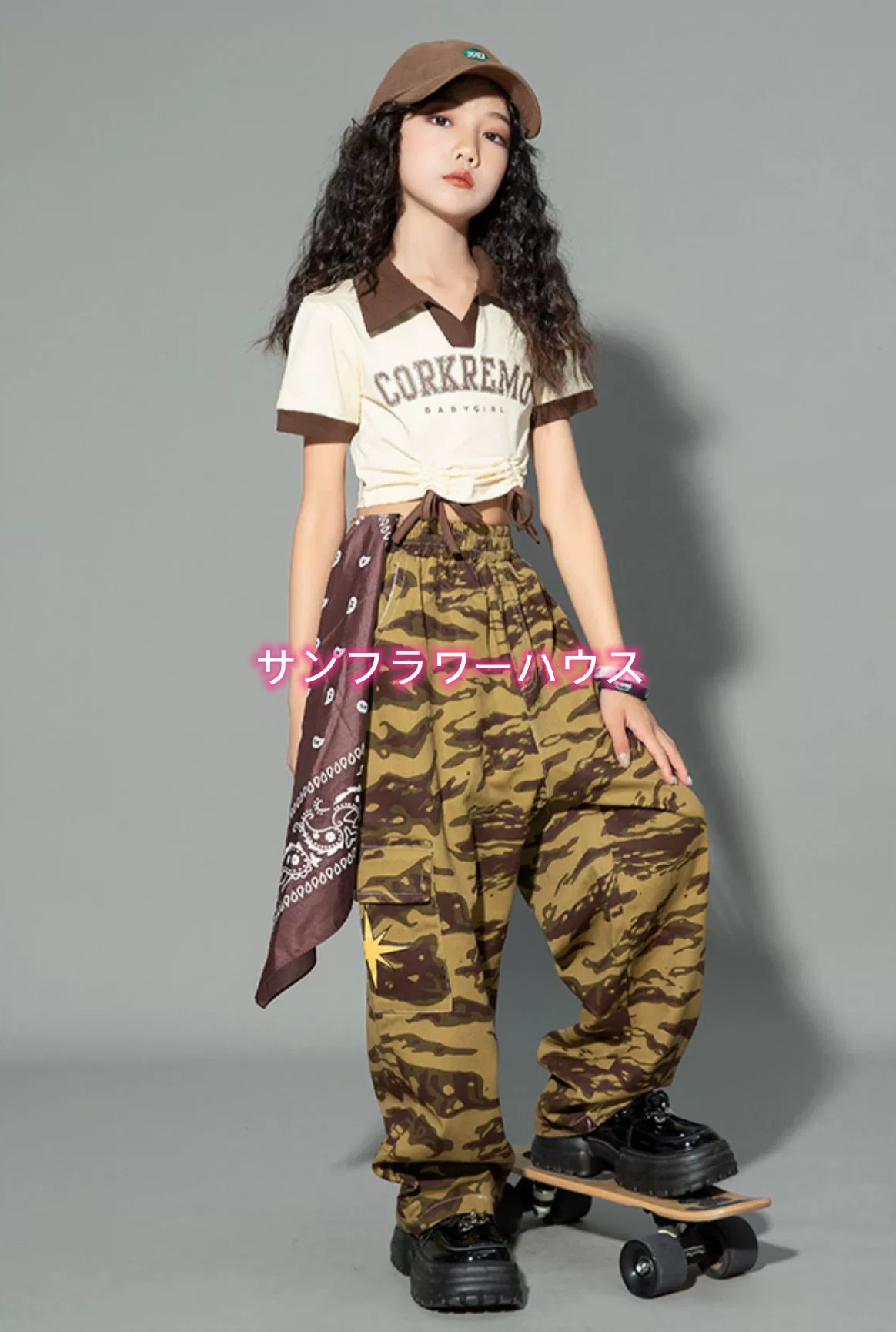 キッズダンス ガールズ 英字柄 子供ダンス衣装 女の子 JAZZ HIPHOP ステージ衣装 イベント 半袖 セットアップ ダンスウェア へそ出し チアガール ジャズ キッズ 